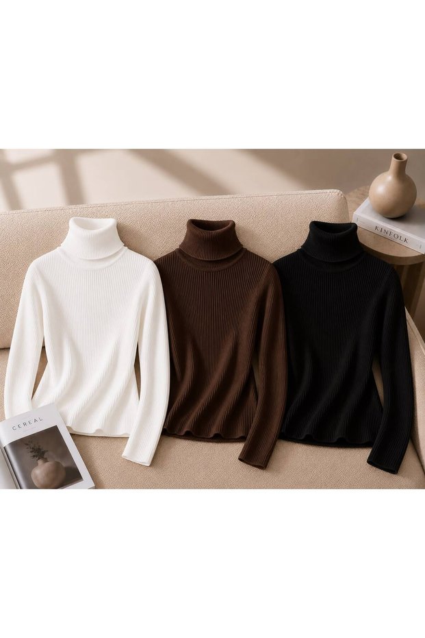3-Pack Advantageous Women's Long Sleeve Ribbed Turtleneck Knit Sweater Stylish and Comfortable