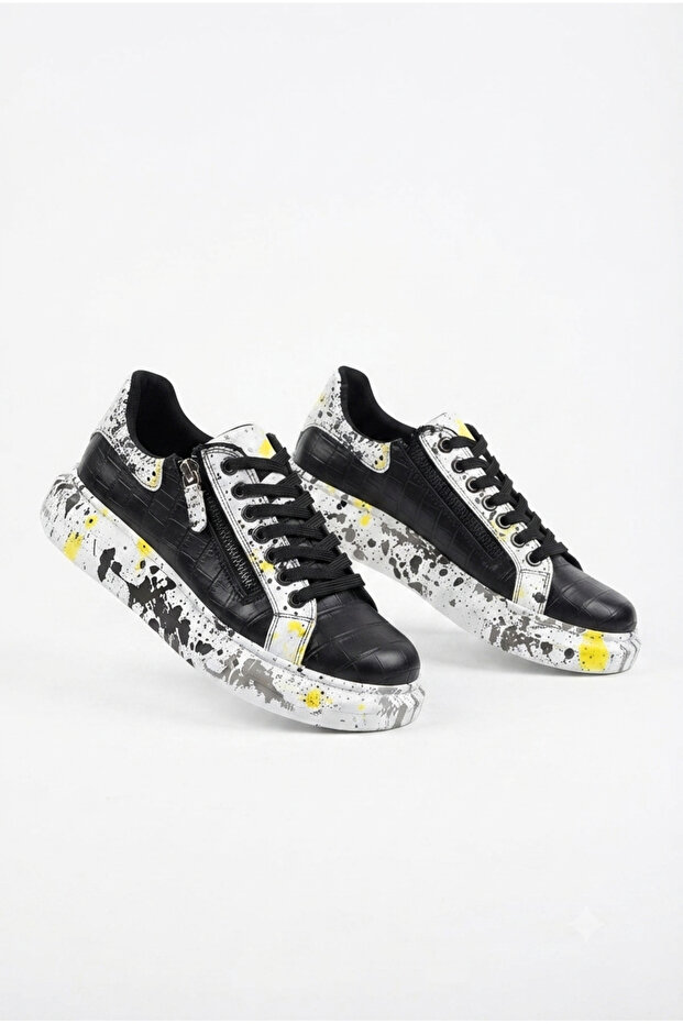 Zrk-X02 Premium Zippered Lace-Up Crocodile Black Yellow Men's Sneaker