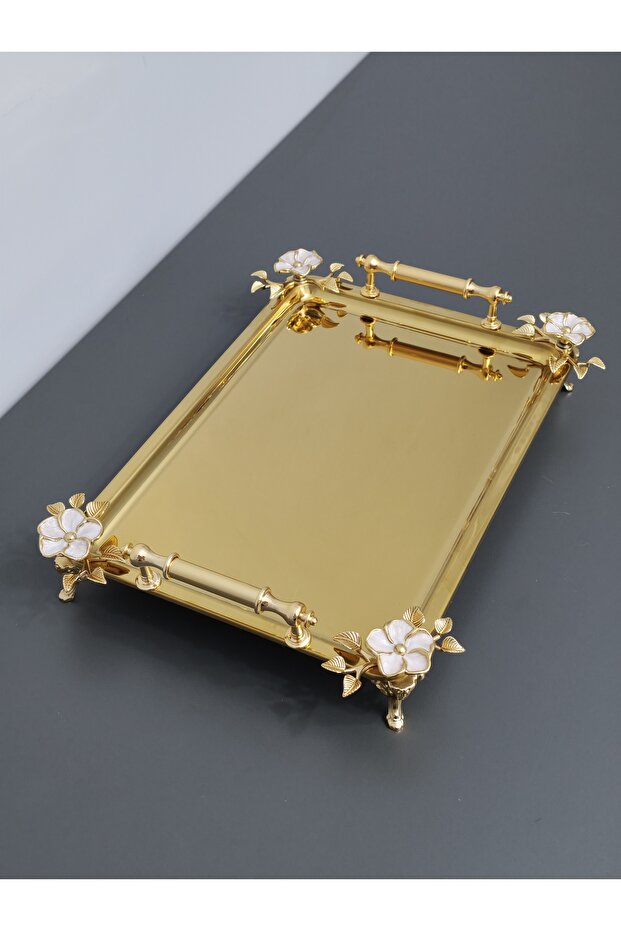 Figured, Metal Handle, Stainless Steel Rectangular Tray Luxury Presentation Tray Light Gold