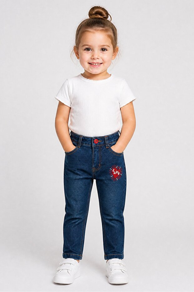 Toddlers Girl Embroidered Jeans, Wash Blue