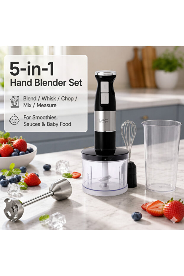 Multi‑Function 5‑in‑1 Hand Immersion Blender Kit, Handheld Stick Blender with Blending Shaft, Whisk, Chopper Bowl & Measuring Cup, Ideal for Purees, Soups, Desserts & Infant Food