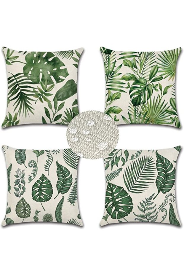 A set of 4 waterproof cushion covers, suitable for both indoor and outdoor use, featuring a tropical plant pattern.