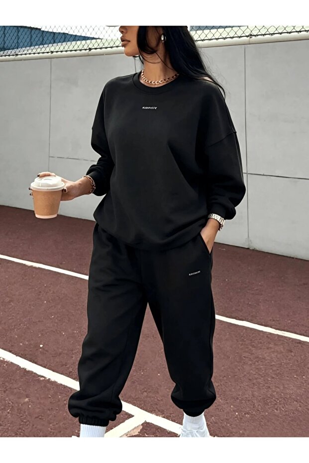 Unisex Men's and Women's Minimalist Printed 3 Thread Crew Neck Sweatshirt Set