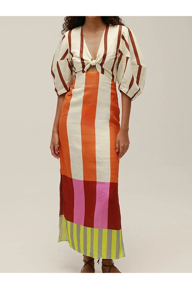 Striped Tie-Front Detail Maxi Dress
