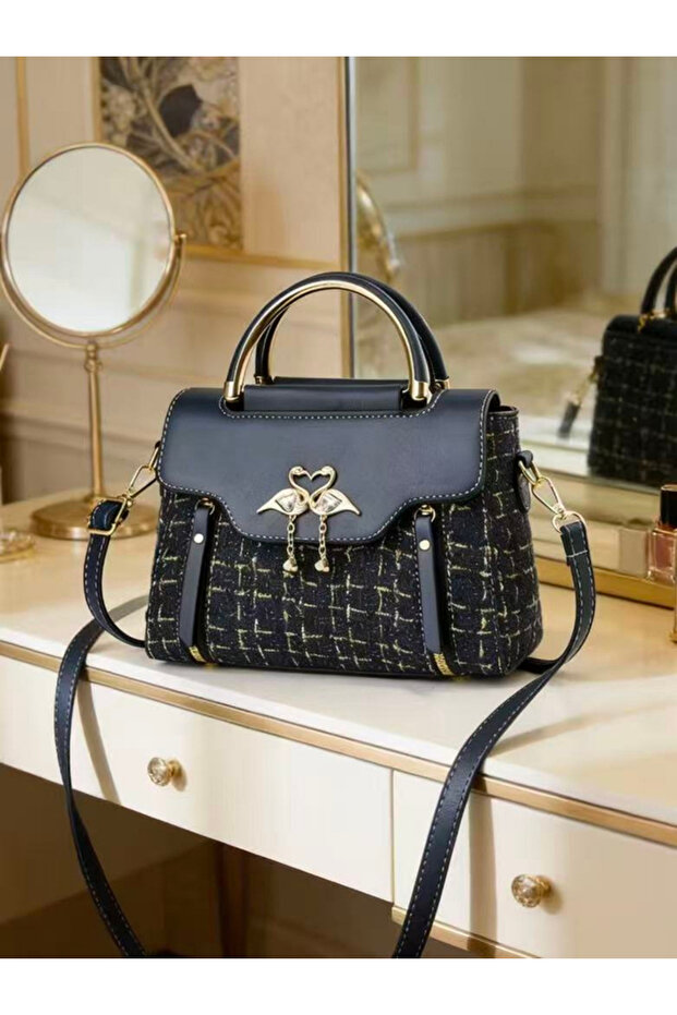 Dark Blue Tweed Look Bag with Swan Detail