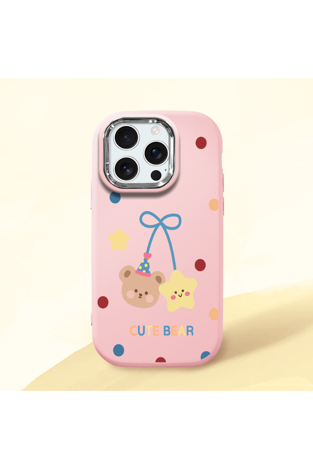 iPhone 16 Pro Compatible Case with Camera Protection Pink Silicone Couple Phone Case with Bear Pattern
