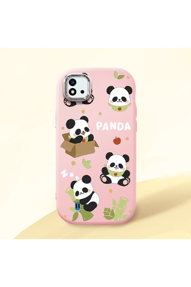 Realme C20 Compatible Case Camera Protector Pink Silicone Couple Phone Case with Panda Pattern