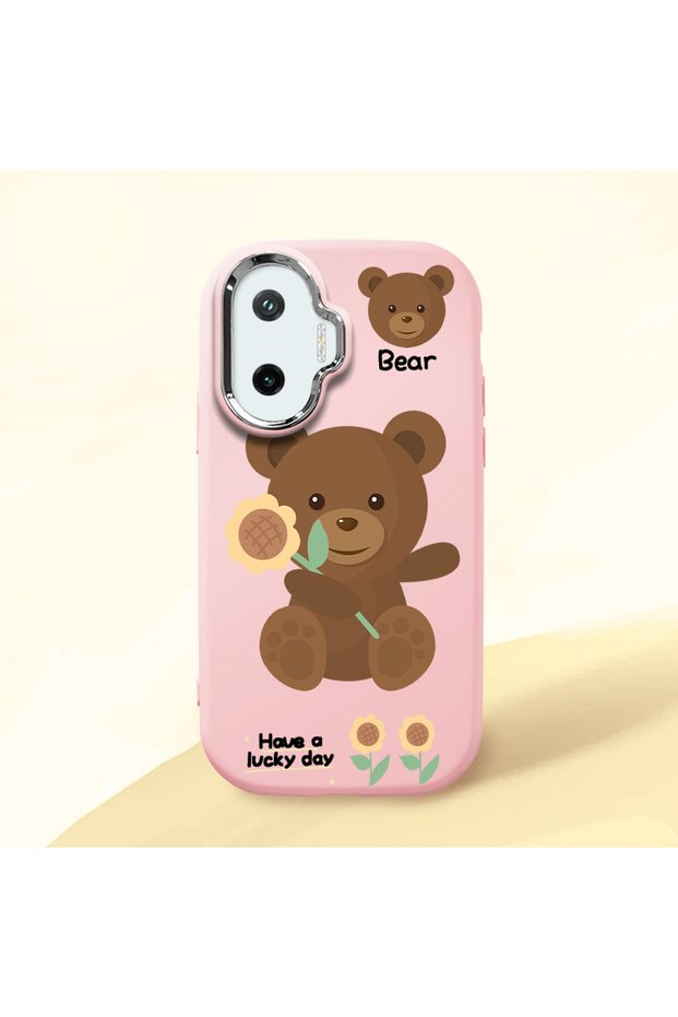 Poco F7 Compatible Case Camera Protector Pink Silicone Couple Phone Case with Bear Pattern