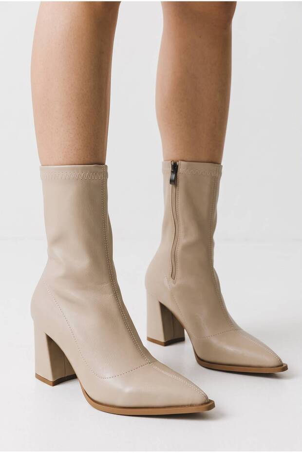 Non-Slip Sole Zipper Detailed Thick Heeled Stretch Women's Boots Beige Nude 9 cm