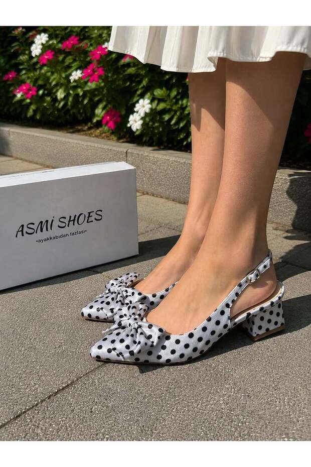 Women's Mina White Satin Polka Dot Bow Detailed Open Back 4 cm Heeled Shoes