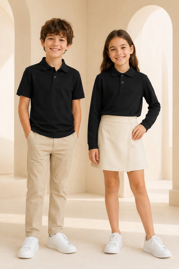 Children's Unisex Black 2-Piece Polo Collar T-Shirt Set Short Sleeve + Long Sleeve 100% Cotton Lakos Fabric