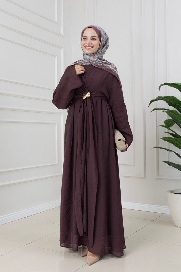 Bolero Detailed Defne Dress with Buckle Detail - Bordo