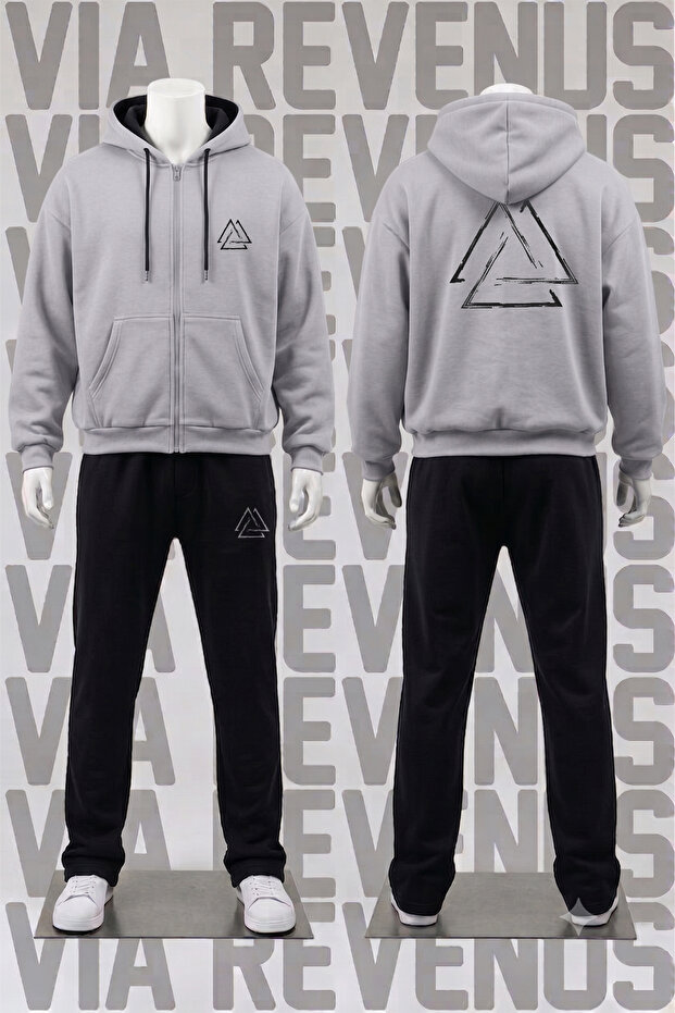Vikings Printed Zippered Hooded Tracksuit Set - Relaxed Fit 3 Thread Zippered Sweatshirt and Sweatpants Set
