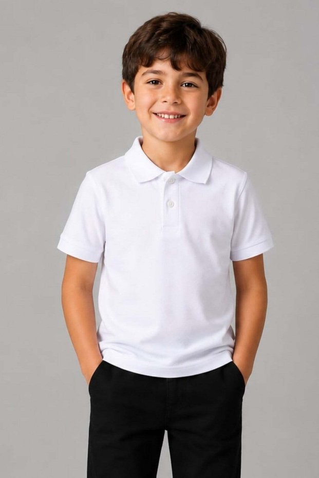Tr Unisex Children's Polo Collar Short Sleeve Cotton School T-Shirt White