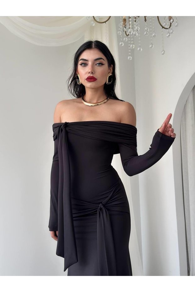 Women's Black Long Boat Neck Draped Dress with Tie Detail and Long Sleeves