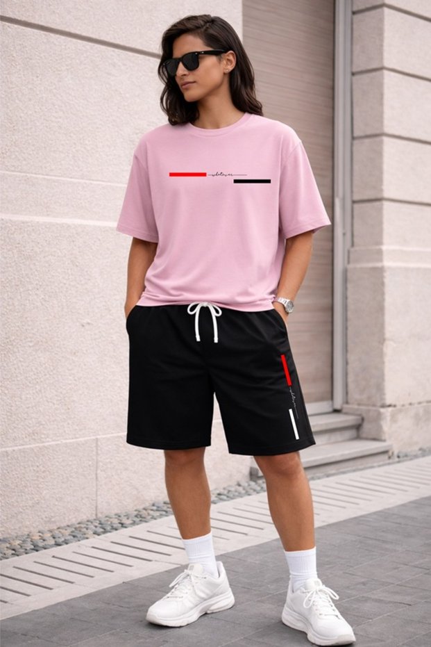Unisex Oversize Black T-Shirt Shorts Set – Minimal Line Print Casual Sports Combination Summer 2-Piece Set Serit What Ever Print