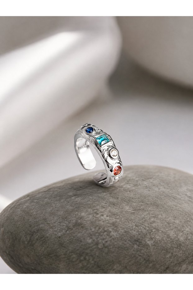 Aura Colorful Stone Adjustable Steel Ring – Modern Vintage Design