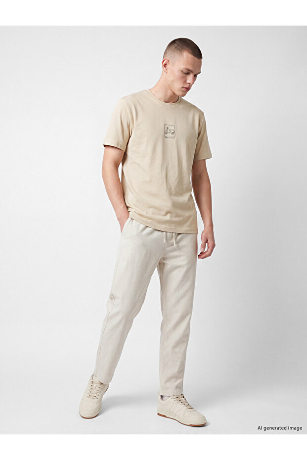 Özmarka New Season Beige Loose Fit Linen Look Men's Trousers