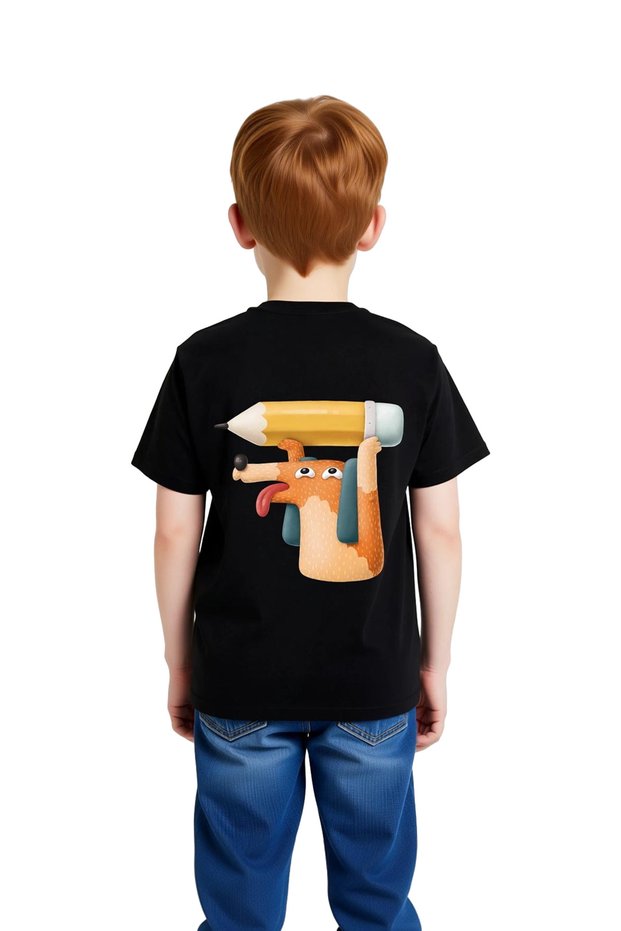 Children's T-Shirt Pencil-Carrying Dog Character School-Themed Printed Relaxed Fit Casual Modern Stylish Elegant