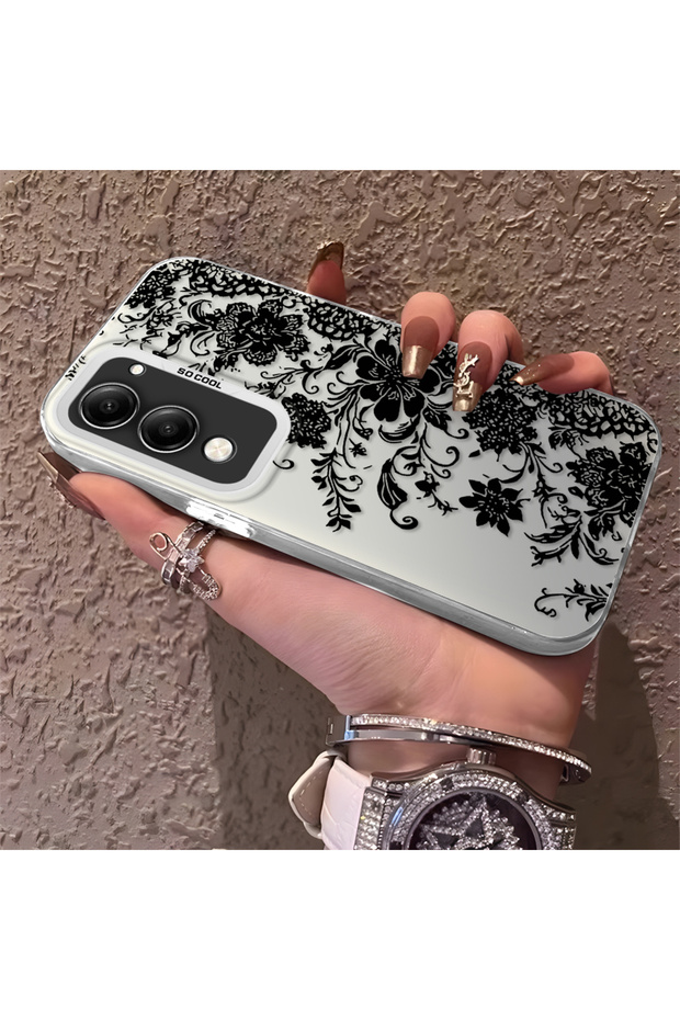 Vivo Y19S Gt Compatible Elegant Black Lace Flower Pattern Case, High Quality Matte Phone Case