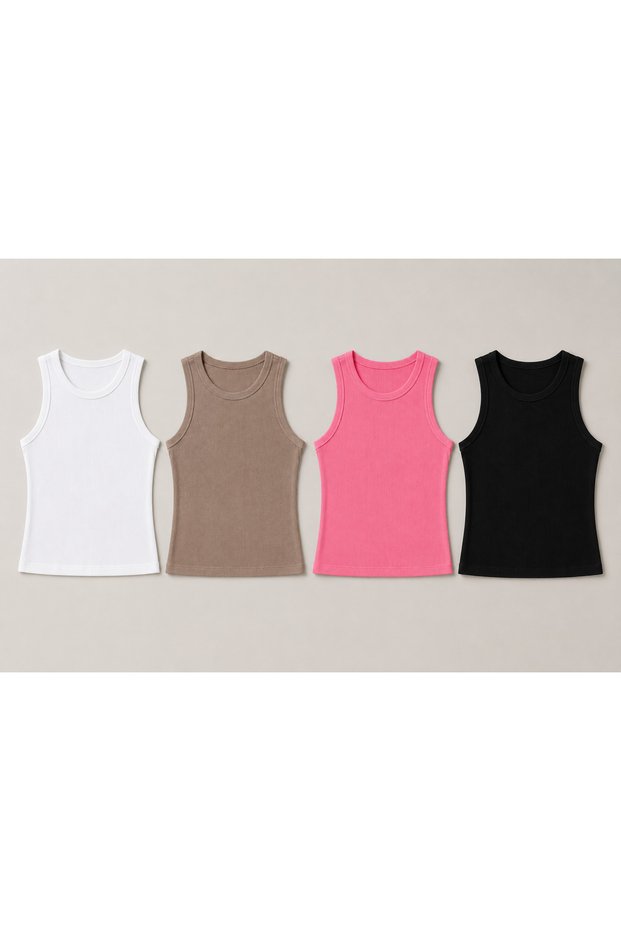 Women's 4-Piece White Pink Biscuit Black Halter Neck Ribbed Crop Blouse