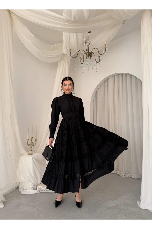 Women's Black Midi Dress with Stand Collar, Ruffle Detail, Belted, Buttoned, Lace Trim