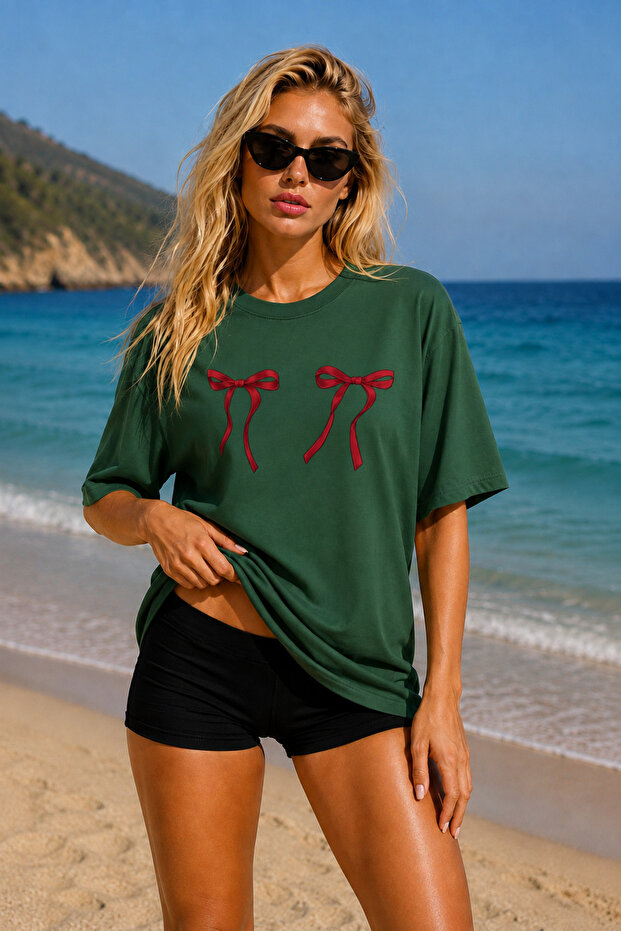 Premium Bowknot Printed Oversize Women's T-Shirt Cotton Oversize T-Shirt