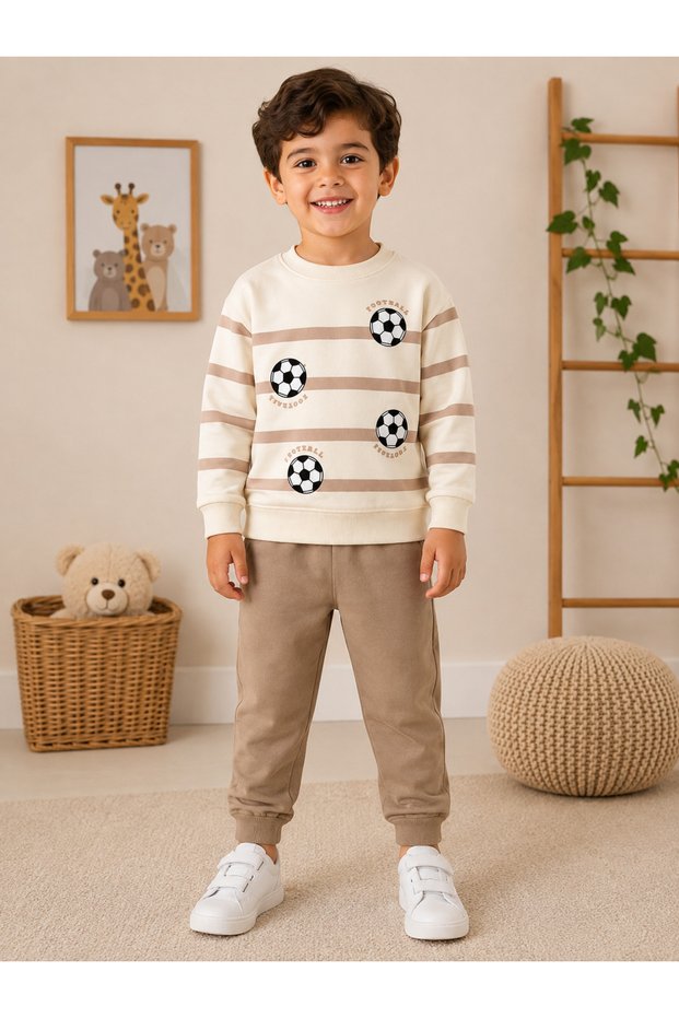 Boys' Football Ball Printed Striped Seasonal Sweatshirt Tracksuit 2-Piece Set 3-6 Years Old