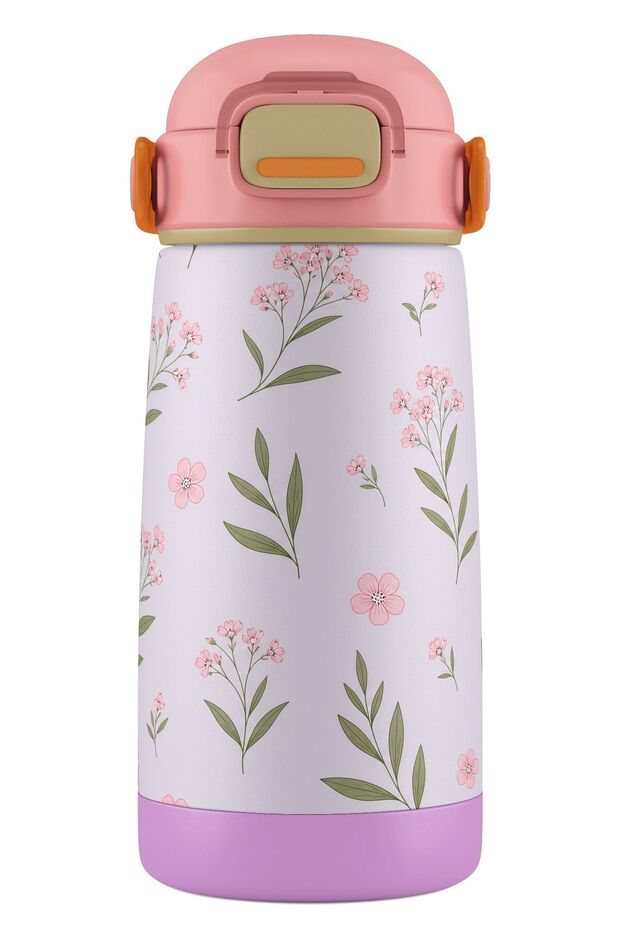 420 ml Leaf Patterned Pink-Lilac Girls' School and Daily Use Steel Flask - 60007