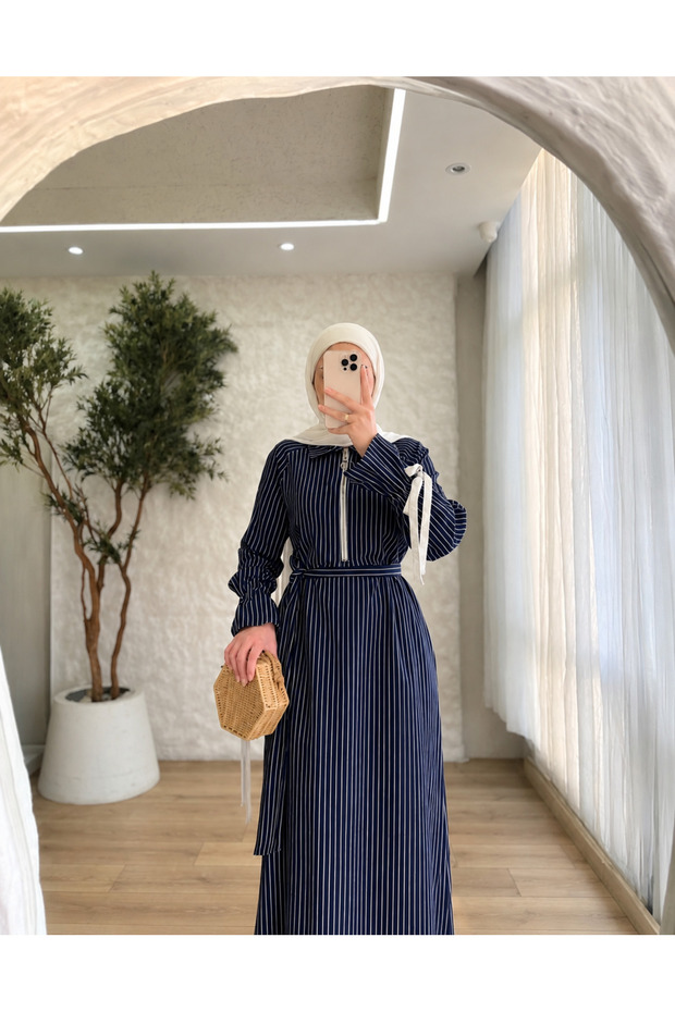 Dilay Striped Belt Detailed Dress