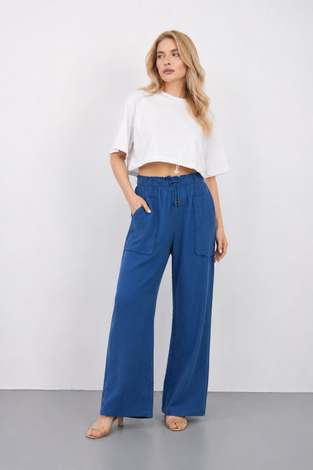 Women's Elastic Waist Palazzo Trousers with Pocket Detail, Comfortable