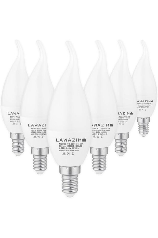 مصباح LED على شكل شمعة C37 E14 - عبوة من 6 قطع، 3000 كلفن أبيض دافئ - طرف بتأثير اللهب، مسامير إديسون صغيرة، يعادل 35 واط