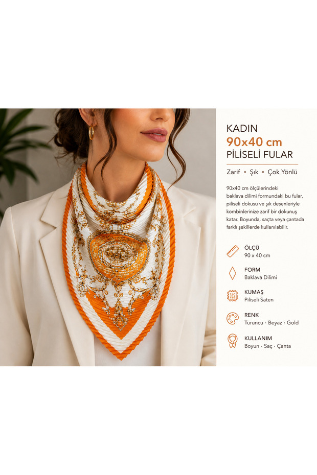 Women's 90X40 cm Orange White Gold Baroque Patterned Pleated Scarf