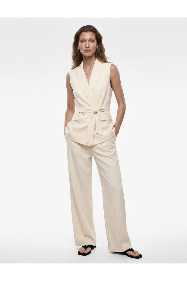 Long Double-Breasted Blazer Vest with Pockets and Belt
