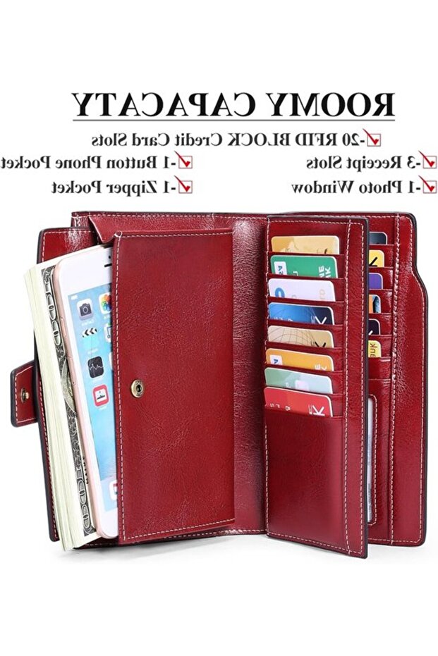 Women's genuine leather large RFID 20 slots wrist strap.