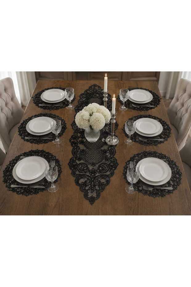 French Lace Runner and Supla Set for 6 People Black
