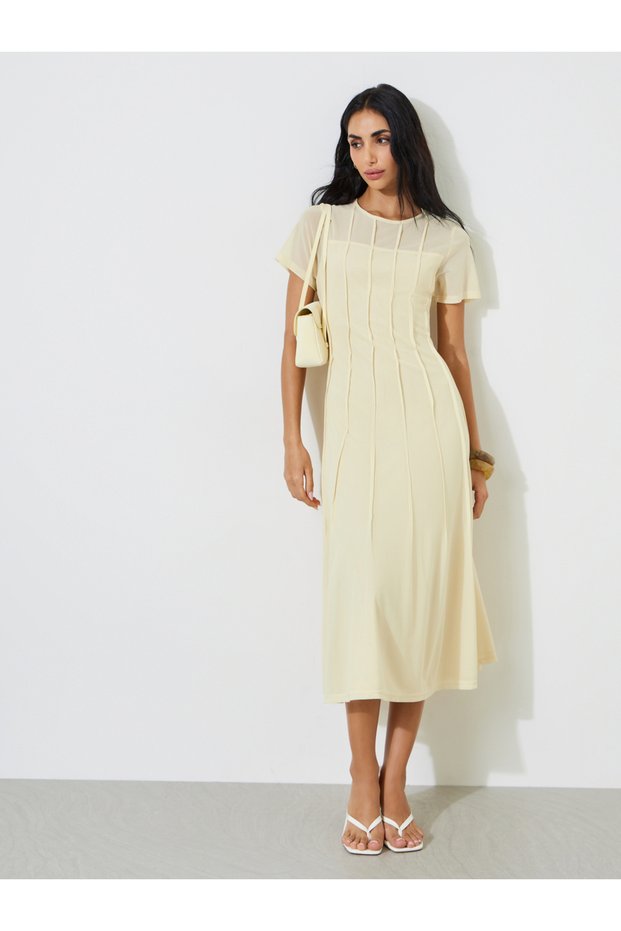 Yellow Pintucks Detail Short Sleeves A-Line Midi Dress