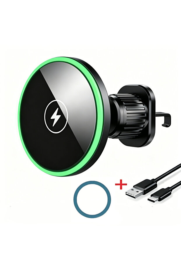Black with cable 30W Fast Charging Magnetic Car Wireless Charger, LED Light Phone Mount Holder for i