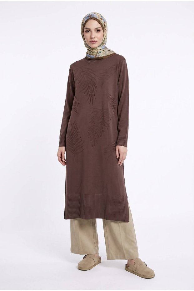 Trend Cold Yarn Leaf Patterned Slit Full Fit Knitwear Tunic-112 cm