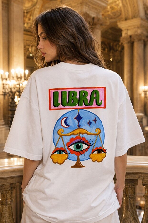 Women's Oversize T-Shirt Libra Printed White – Crew Neck, Comfortable Fit, 100% Cotton