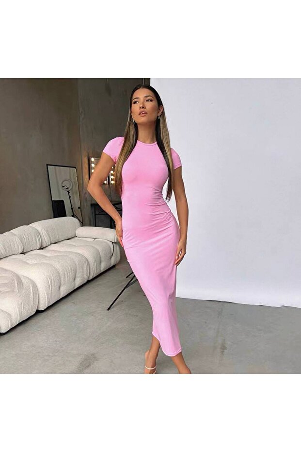 Women's Pink Short Sleeve Stretchy Basic Long Dress