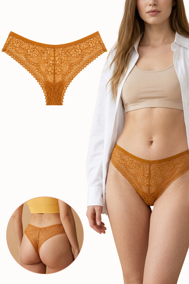 Women's Lace Front and Back Brazilian Panties Lycra Yellow Single