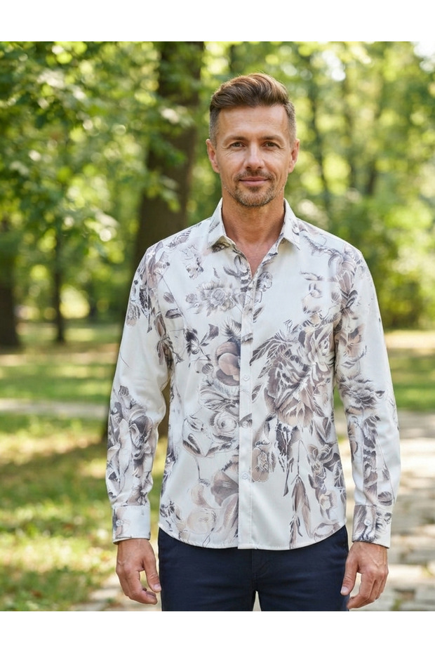 Long Sleeve Floral Patterned Cotton Fabric Regular Fit Men's Shirt