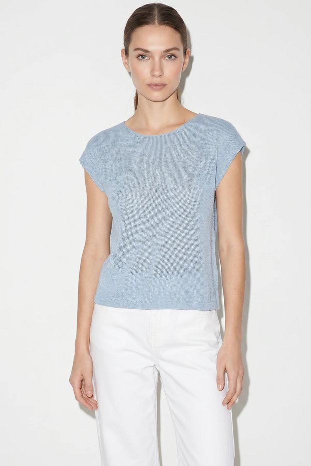 Women's Boat Neck Bat Sleeve Mercerized Cotton Knitwear Baby Blue Blouse