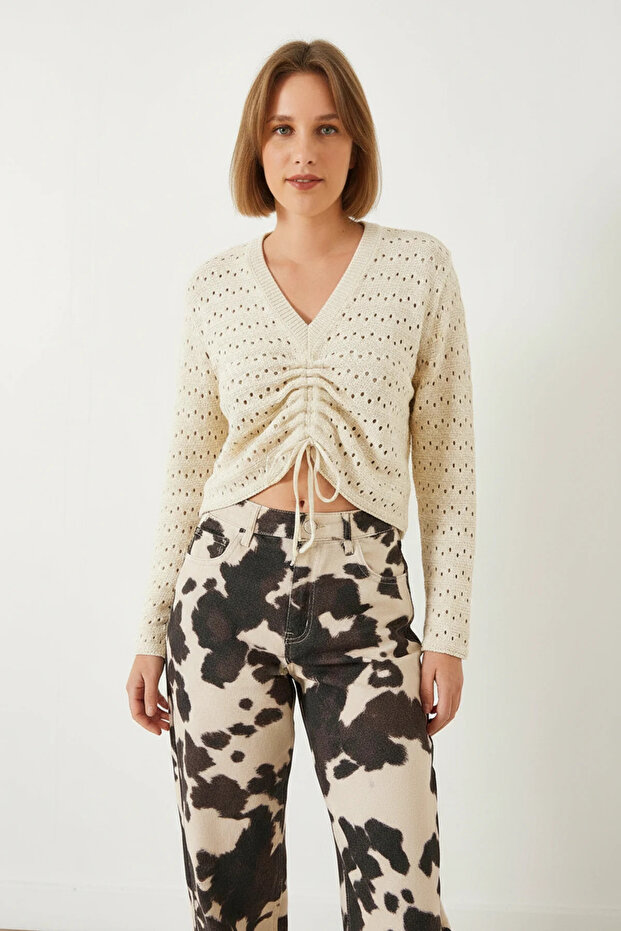 Women's Front Gathered Knitwear Ecru Sweater