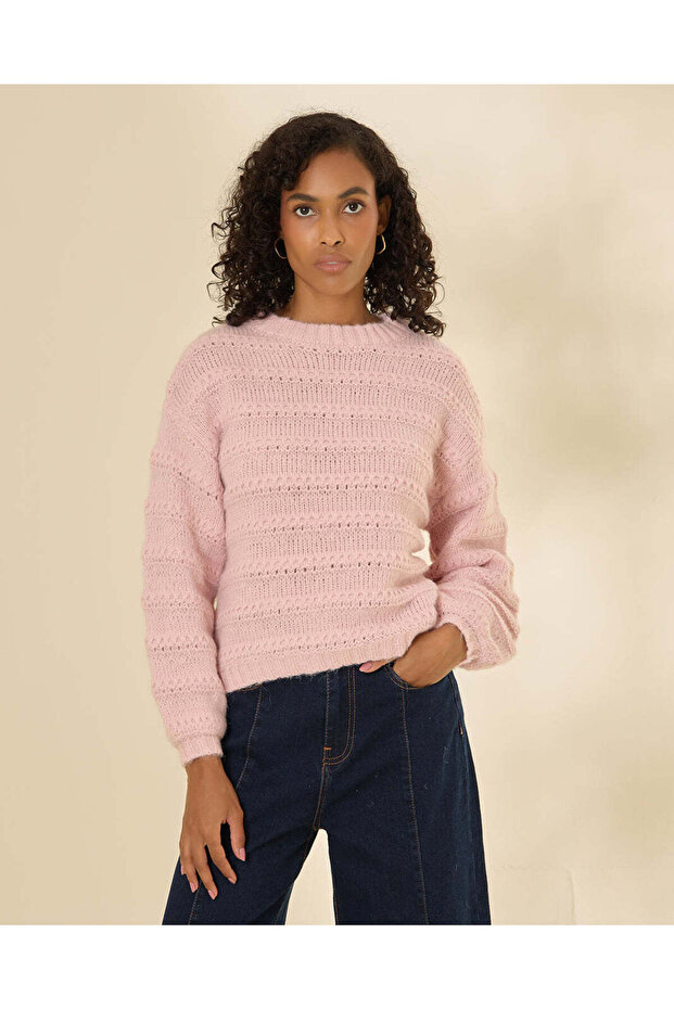 Women Pink Cable Knit Pullover