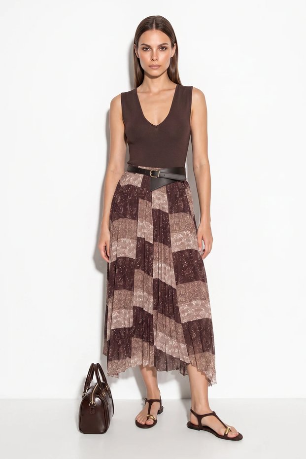 Women's Belted Elastic Waist Patterned Pleated Asymmetrical Cut Lined Midi Tulle Skirt De Brown Beige