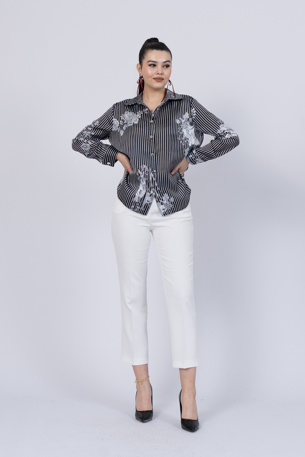 Women's Summer Black Floral Patterned Striped Long Shirt 70020