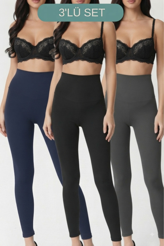 High Waist Body Shaper Tummy Flattening Corset Leggings 3-Pack - Black, Gray, Navy Blue