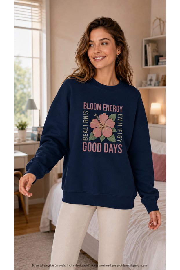 Women's Bloom Energy Floral Printed Round Crew Neck Long Sleeve Sweatshirt